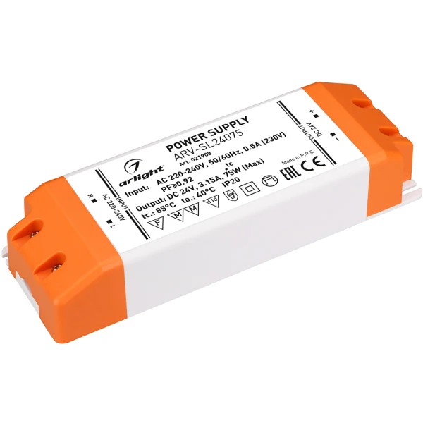 Блок питания ARV-SL24075 (24V 3.15A 75W PFC) ( IP20 Пластик 3 года) | Лампы и освещение
