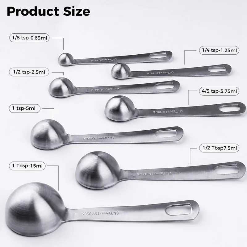 Stainless Steel Measuring Spoons Set of 7 Stackable Measure Spoon for Dry and Liquid Ingredients Etched Marked Baking Cooking Sp
