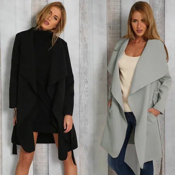 

2019 Women Woolen Coat Thicken Long Sleeve Long Asymmetric Turn-down Collar Open Front Parka Belt Coat plus size streetwear