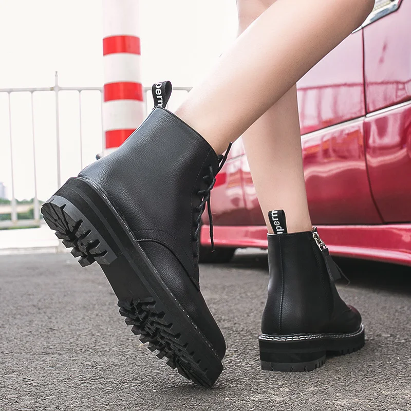 Najtaniej Rozmiar 35 40 Chunky buty motocyklowe dla kobiet jesień 2019 moda okrągłe Toe sznurowane buty bojowe Martin damskie buty zimowe śnieg