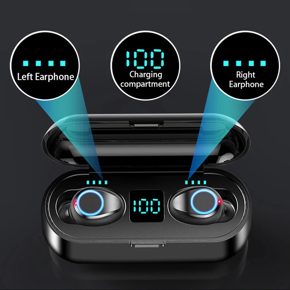 Беспроводные наушники Bluetooth V5.0 F9 TWS, беспроводные Bluetooth наушники, светодиодный дисплей, 2000 мАч, внешний аккумулятор, гарнитура с микрофоном