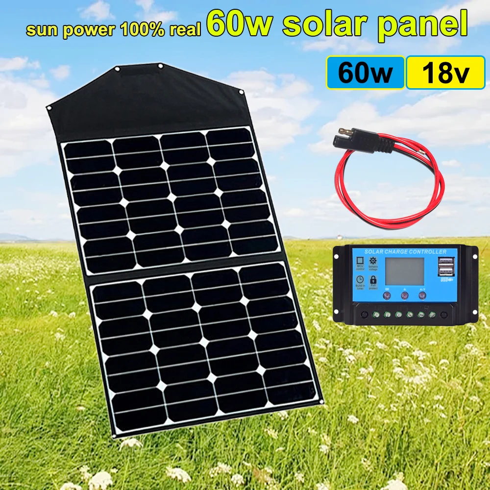 

60w Portable Solar Panel 12v charger Folding Foldable Waterproof 5v usb Charger Mobile Power Bank for Phone Battery USB Port