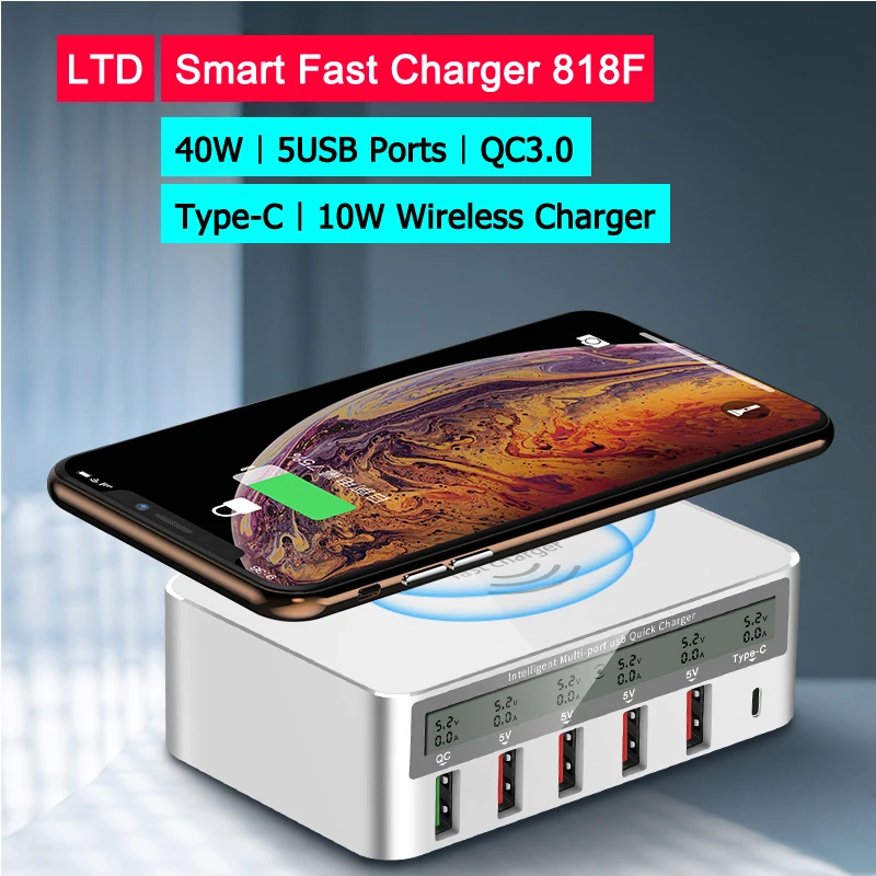 

40w Fast Charger 818F Qi For Android IOS Smartphone Fast Charging 5 USB Ports Type C QC 3.0 Support 10W Wireless Fast Charging