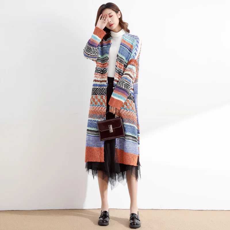 Best Price TVVOVVIN 2019 Autumn Long Fund Knitting Cardigan Loose Coat Woman Geometry Stripe Hit Color Sweater Thickness L155