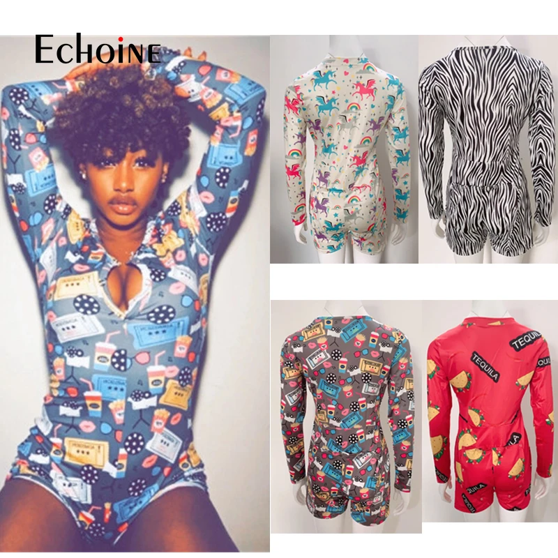 Echoine Womens Sexy Button The Butt Flap Bodysuit Long Sleeve Deep V-Neck Print Leotard Short Pants Sleepwear Nightwear |