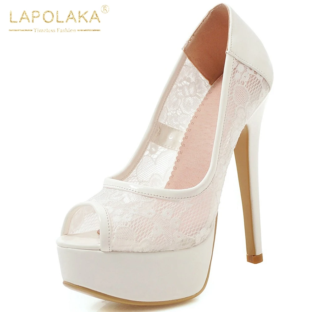 

LAPOLAKA On Sale New Large Size 43 Fetish High Heels Women Shoes Woman Summer Peep Toe Sexy Party Platform Lace Pumps Female