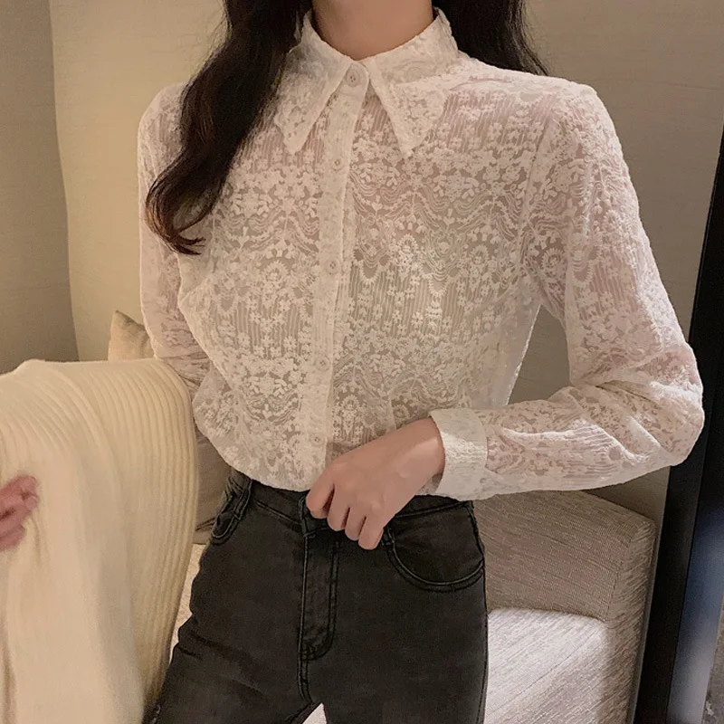 

Western Style Lace Base Shirt Women's Autumn And Winter Fold-down Collar Long-sleeved Shirt Gauze Underwear Tops