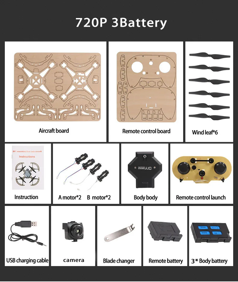 DIY Мини Дрон с камерой HD ручной сборки деревянный пульт дистанционного управления квадрокоптером игрушки RC игрушки для детей подарок M2 - Цвет: 720P 3B