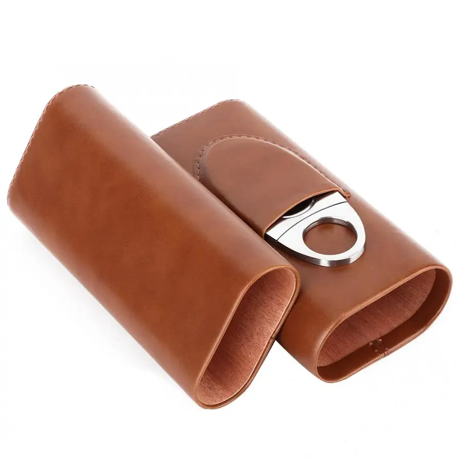 Portable Leather Cigar Case Cedar Wood Lined Cigar Humidor with Cutter(for 3 Cigars