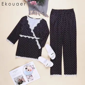 

Ekouaer Women Casual Polka Dot Lace Hem T-shirt and Pants Pajama Set Home Lounge Wear 2 Piece Sets Womens Outfits