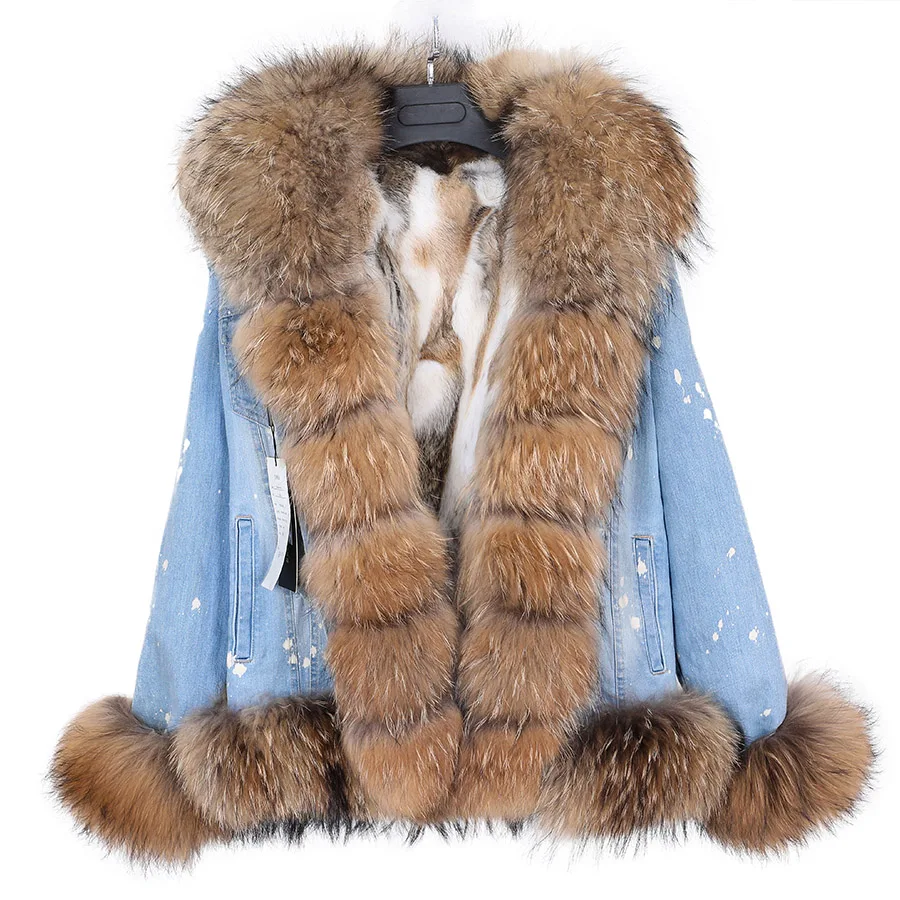 2021 new winter real natural raccoon fur collar denim jacket short female rabbit lining thick liner Women's Fur coat | Женская