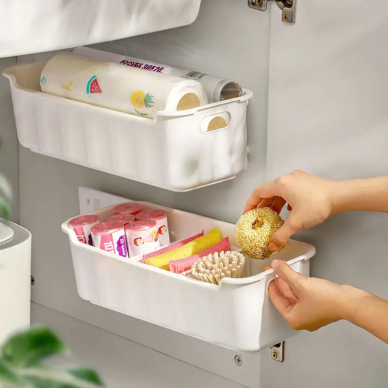 Organizador de cocina de almacenamiento de especias colgante, estante de  cajón de almacenamiento de plástico montado en la pared, caja de empuje  para condimentos debajo del fregadero - AliExpress