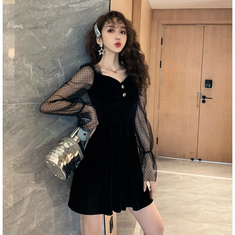 

Plus Size 2019 Autumn Winter Black Dress Women Long Sleeve Mesh Patchwork Polka Dot Dress Women A-Line Mini Ladies Dresses Fall
