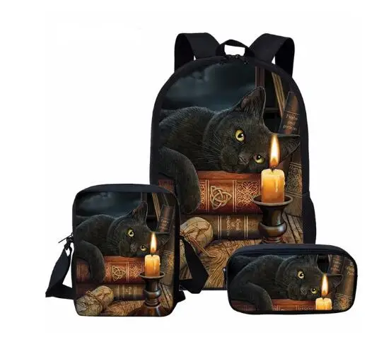 16 inch Gothic Moon Phase Black Cat Print Large Capacity Schoolbag for Teenager Girls 3Pcs/Set School Rucksack Children Backpack