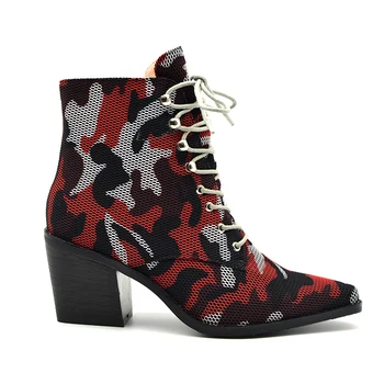 

INS HOT Women Ankle Boots plus size 22-26.5cm length Lycra Fabric Toggle Laces Boots Fashion Square Heel Shoes Woman Sapatos