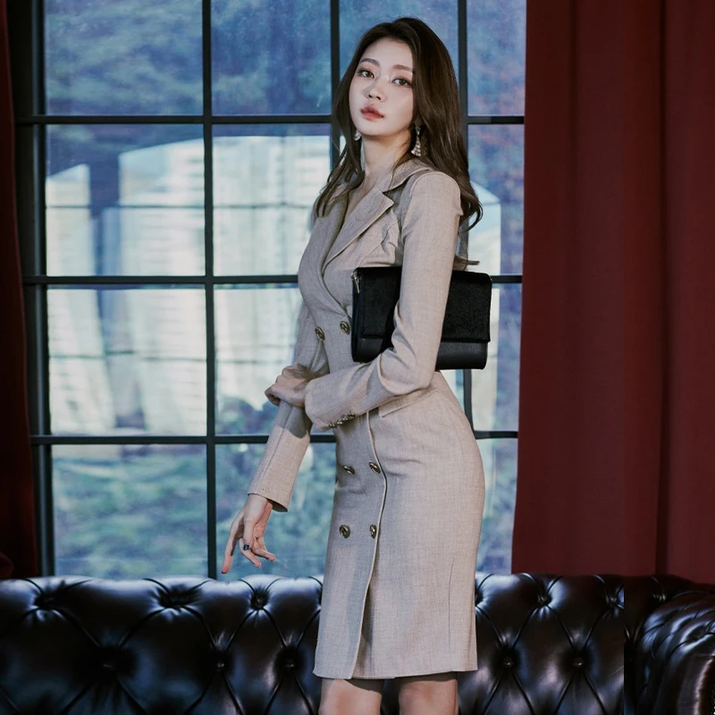 Han edition light ripe wind elegant V collar dress double-breasted split packages
