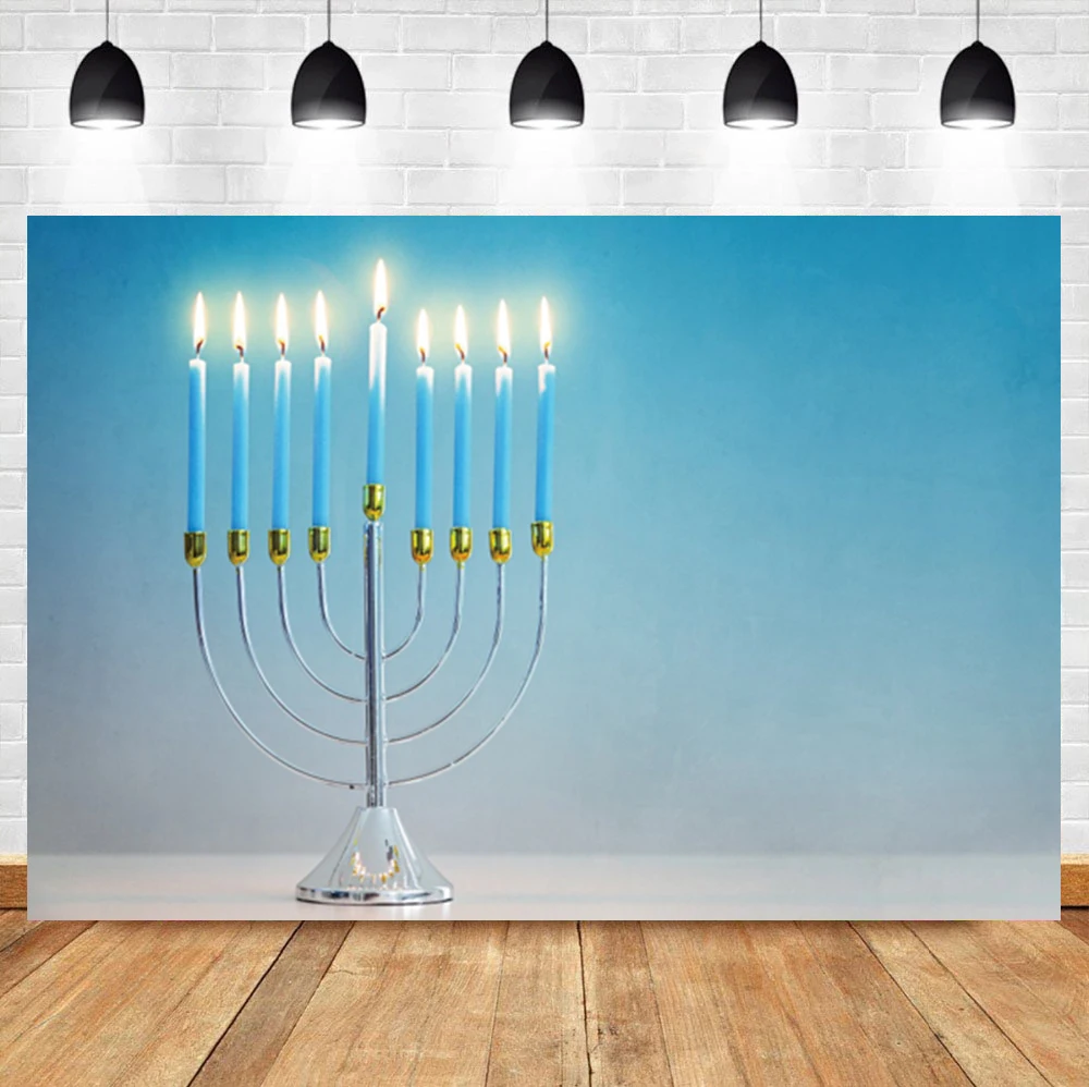 

Laeacco Blue Candle Menorah Happy Hanukkah Rosh Hashanah Birthday Custom Photographic Photo Background For Photo Studio
