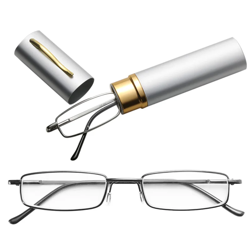 1,00~+ 4,00 очки для чтения с ручкой, чехол, портативные очки для дальнозоркости, металлический чехол, пружинные петли, очки унисекс, Уход За Зрением - Цвет оправы: B-silver