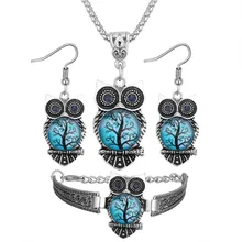 Boho Female Crystal Jewelry Set Charm Silver Color Dangle Earring For Women Vintage Owl Bracelet Wedding Chain Necklace