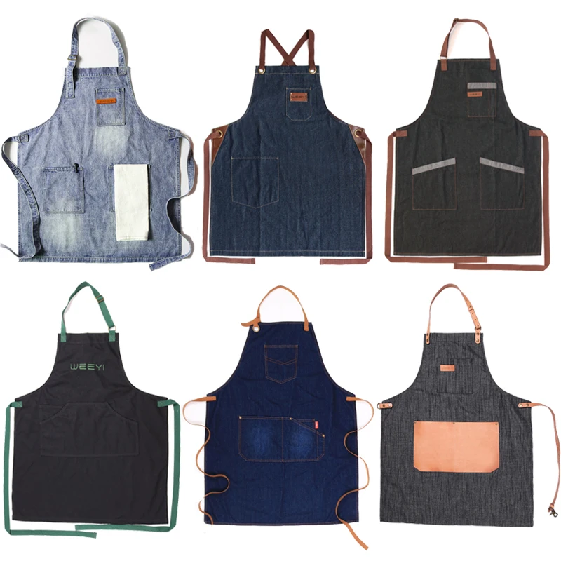 WEEYI Kitchen Restaurant Work Denim Apron Cowboy Chef Cooking Kitchen Apron For Woman Men Cafe Shop BBQ Hairdresser delantal