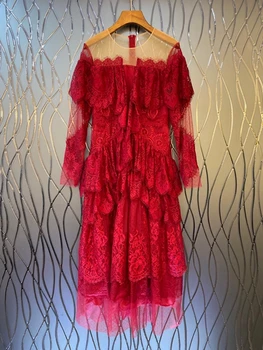 

2020 Spring and Summer New Women's Perspective Stitching Neckline Back Zipper Lace Color Matching Long-Sleeved Dress 530