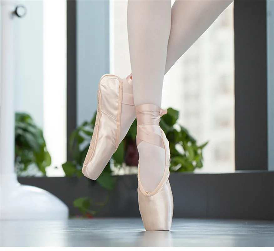 Pointe/атласный верх с лентой; женские профессиональные балетки; Танцевальная обувь с силиконовыми носками; холщовые танцевальные туфли