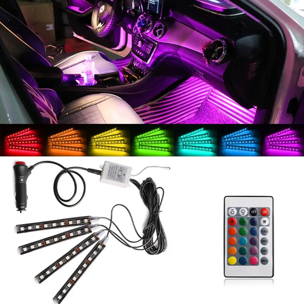 4-в-1 красочные RGB светильник бар 9LED окружающей среды светильник автомобиля декоративная интерьерная стенная панель с светильник с пультом дистанционного управления Управление