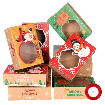 

12pcs Christmas Cookie Boxes High Quality Kraft Paper Boxes with 1 Roll/22m Ribbons Gift Candies Boxes for Christmas Party