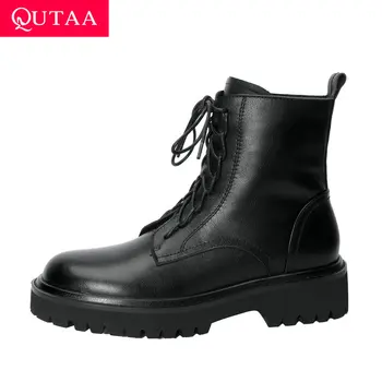 

QUTAA 2021 Motorcycle Boots Round Toe Lace Up Zipper Women Shoes Cow Leather Scrub Square Heel Winter Short Boots Size 34-39