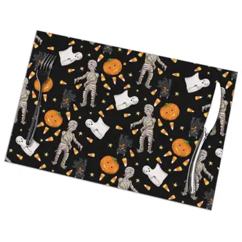 

6 Pcs Placemat Table Mat Halloween Ghost Candy And Pumkin For Tables Heat-insulation Linen Kitchen Dining Pads