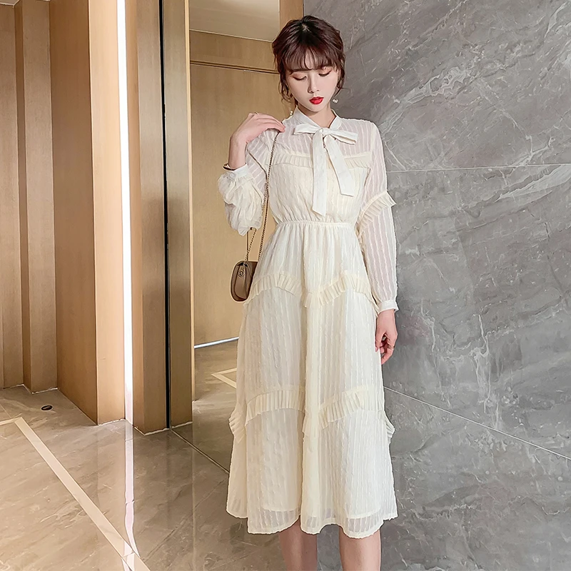 COIGARSAM Französisch Stil Volle Hülse Frauen Lange kleid Neue Frühjahr  Vintage Chiffon Kleider Apricot 5017|Dresses| - AliExpress