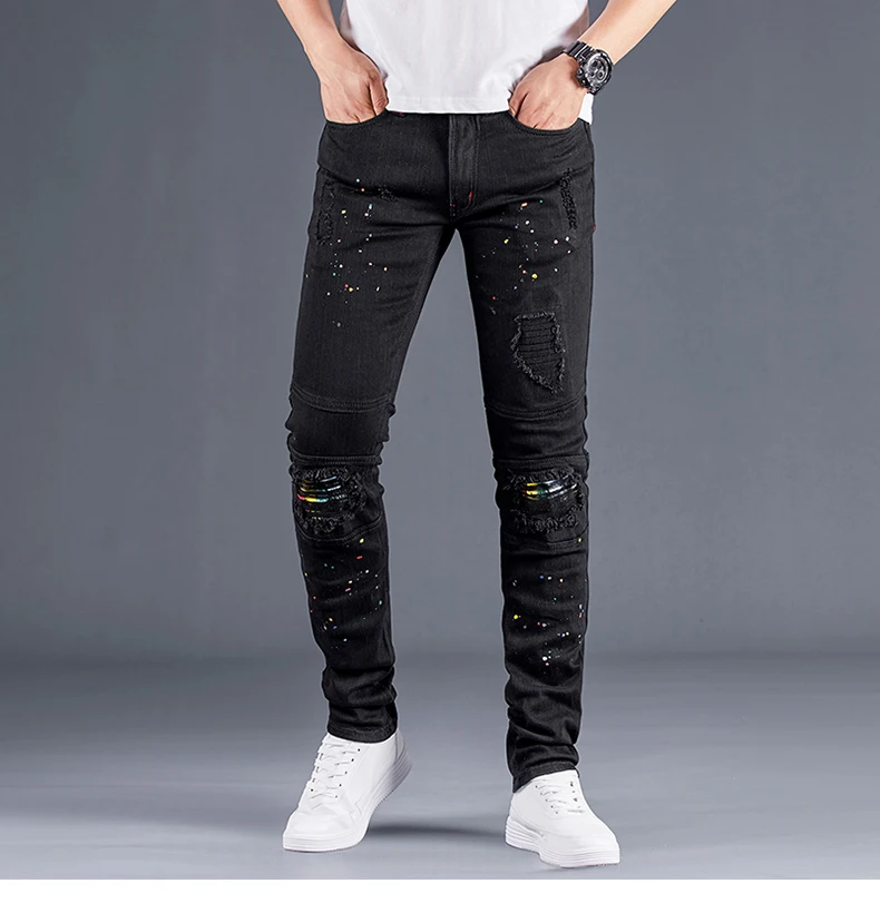 Black Ripped Jeans Men With Print Colored Slim Fit Stretch Patchwork Distressed Hip Hop Pants Man