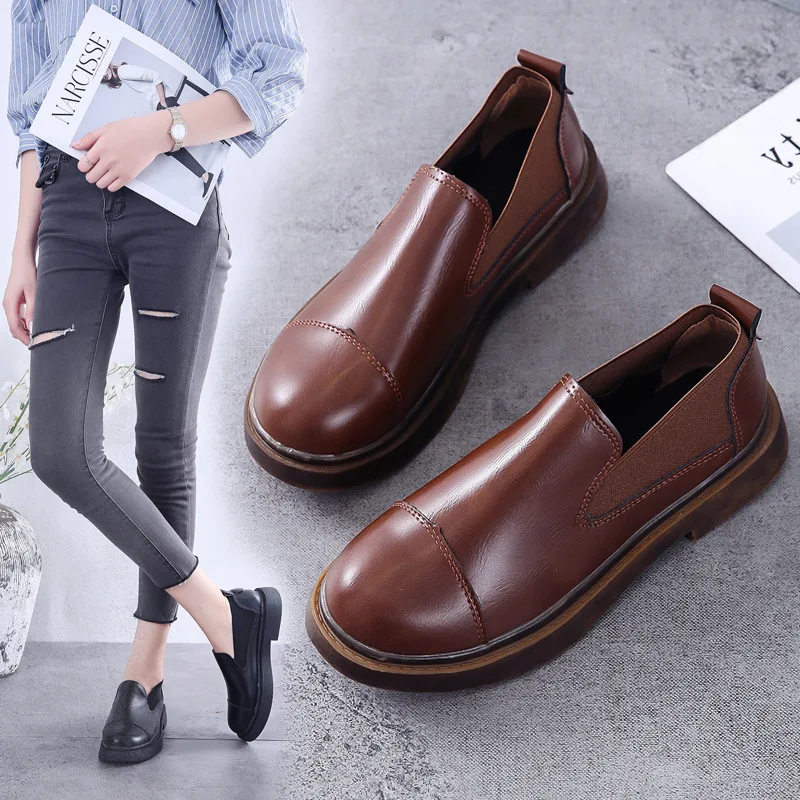 spring/autumn women's leather shoe flat shoes women zapatos de mujer fashion European platform round shallow single shoes