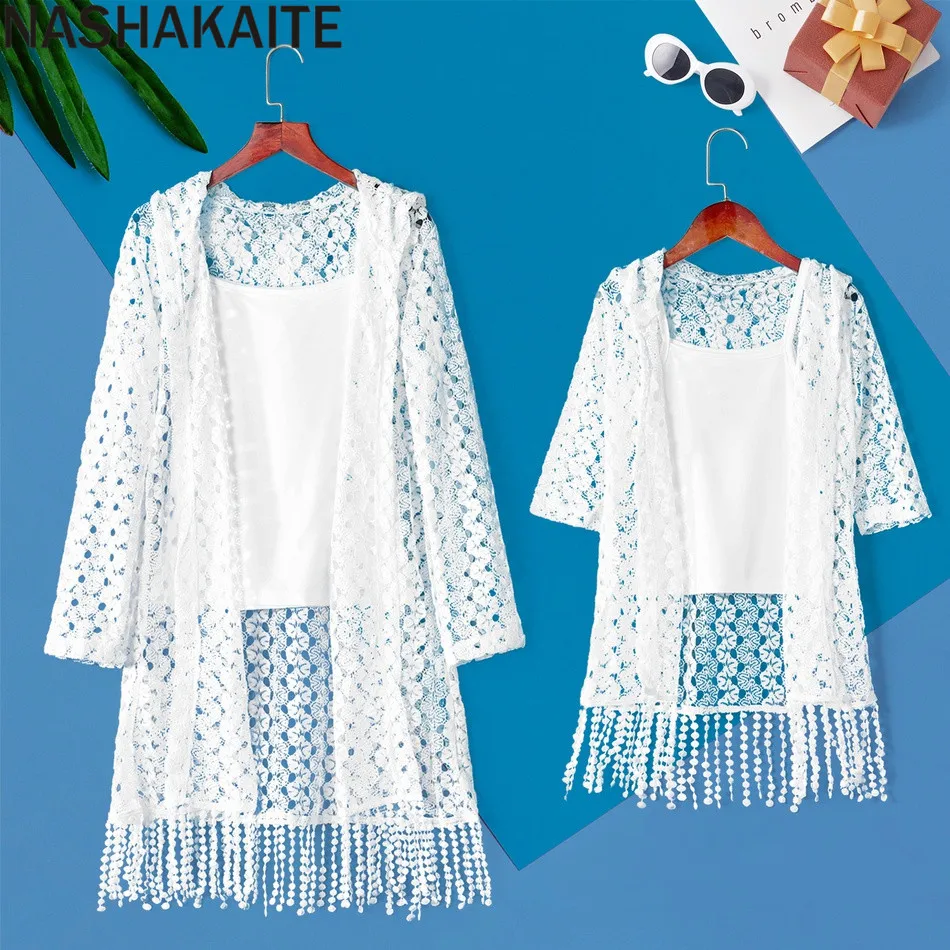 NASHAKAITE/Одежда для мамы и дочки Осенний белый кардиган с кисточками + блузка 2 шт.