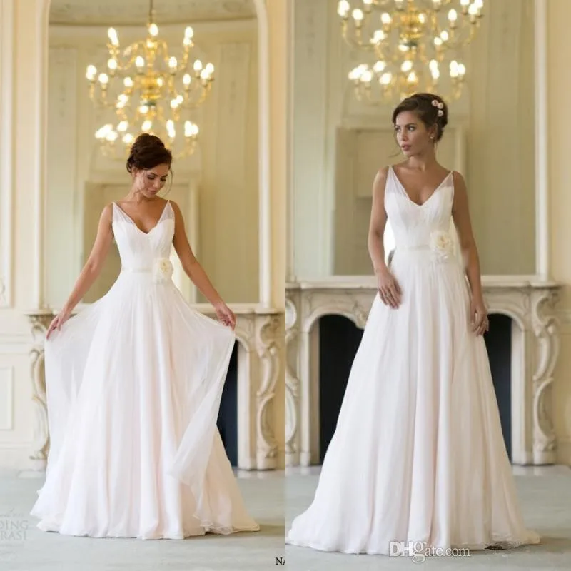 

Custom Made Naomi Neoh 2015 Champagne V Neck Sweep Train Flower Sash Chiffon Summer Beach Wedding Dresses Bridal Gowns
