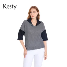 

KESTY Women's Plus Size Cotton T-shirt Spring with Stretch Top 3/4 Sleeve Fashion Polka Dot Pattern Loose Casual Lapel Top