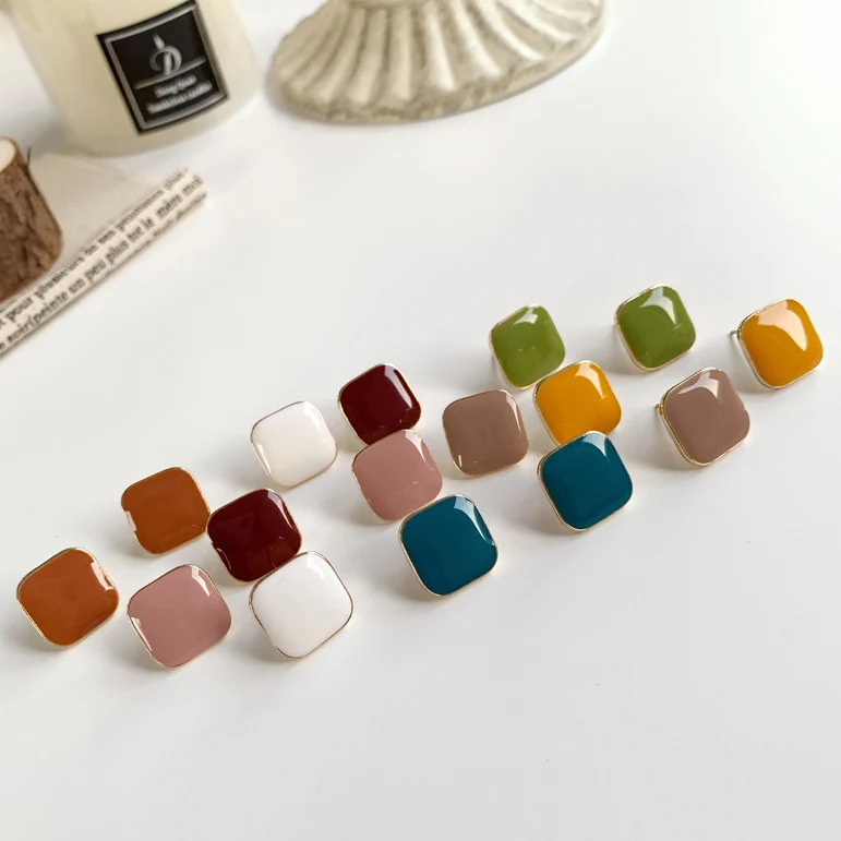 Brincos coreanos coloridos esmalte quadrado para mulheres, brincos geométricos simples e bonitos, joias de tendência fofa, novo, 2022