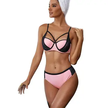 

Women Sexy Two Piece Bikini Half Cup Hollow Strappy Color Block Splice Swimsuit PXPF