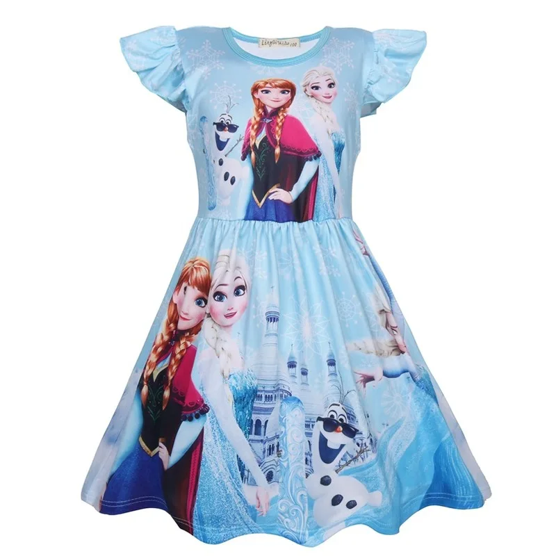Милое Платье для девочек с изображением Анны и Эльзы; платье для девочек с принтом бабочки; платье принцессы для подростков; вечерние платья; Одежда для маленьких девочек; Vestidos