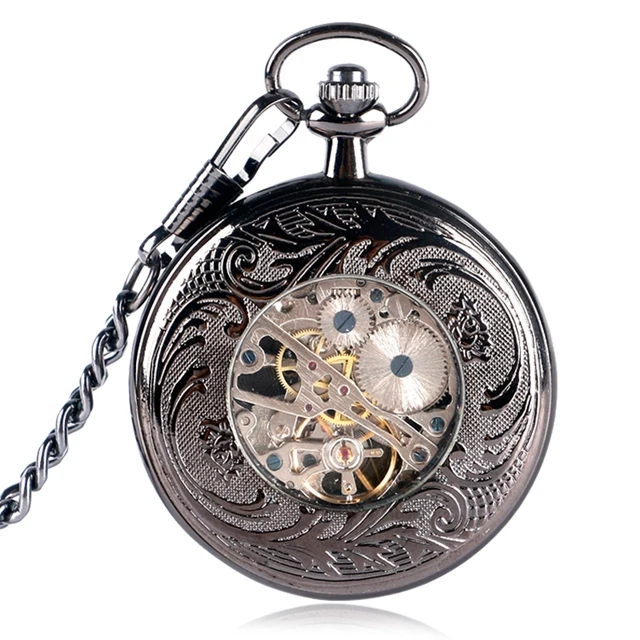 Exquisite Pocket Watch Hand-winding Mechanical Smooth Black Pendant Watches Neckalce Chain Clock Accessory relogio Montres