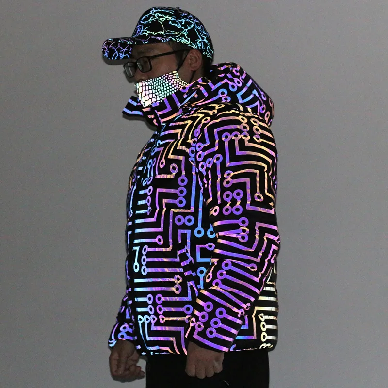 Men Clothing Winter Coat Laser Colorful Circuit Pattern Reflective Coat Japanese Trend Men's Large Size Loose Thick Coat