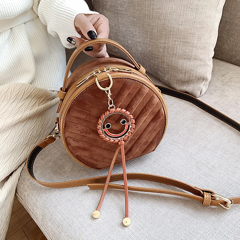 

2019 New Style Gold Velvet Corduroy Small round Bag Smiley Pendant Shoulder WOMEN'S Bag