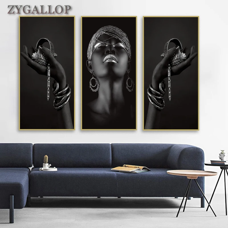 African Woman Posters and Prints Wall Art Black Hands Holding Silver Jewelry Canvas Painting Wall Pictures For Living Room Decor