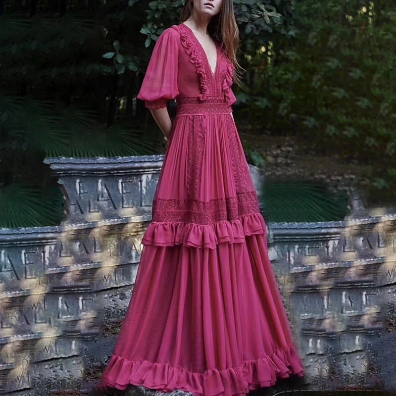 

High Quality Autumn Solid Woman Maxi Dress V-Neck Lantern Sleeve High Waist Ruffles Lace Patchwork Elegant Dress Vestidos