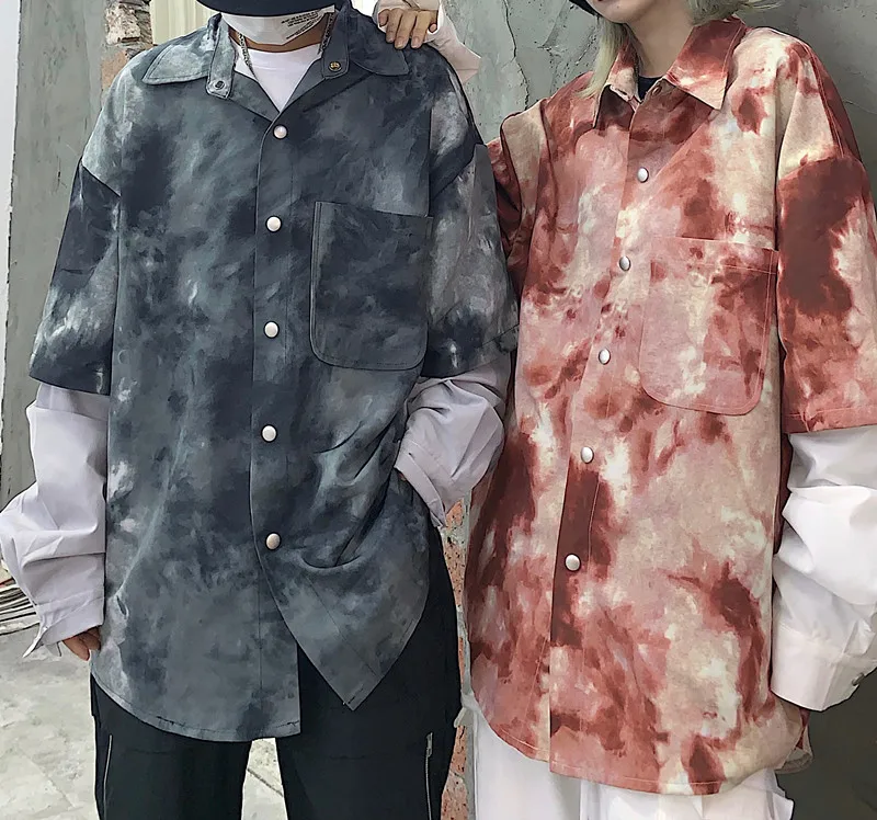 Tie Dye, Женская длинная блуза большого размера,, женская, поддельная, из двух частей, в стиле пэчворк, свободная, хип-хоп, рубашка с отворотом,, BF, с карманом, Ullzang, Мужской Топ