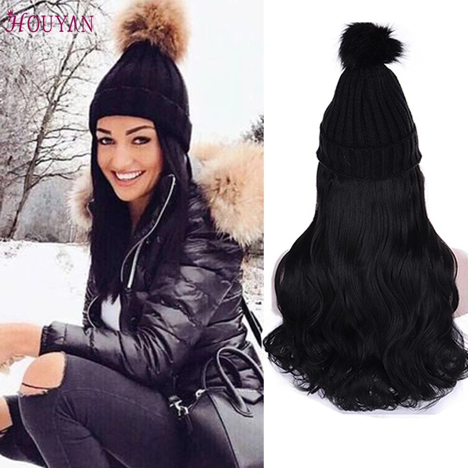 

HOUYAN Natural connection hair synthetic black hat curly hair straight hair wig elastic knitted hat wig heat-resistant women