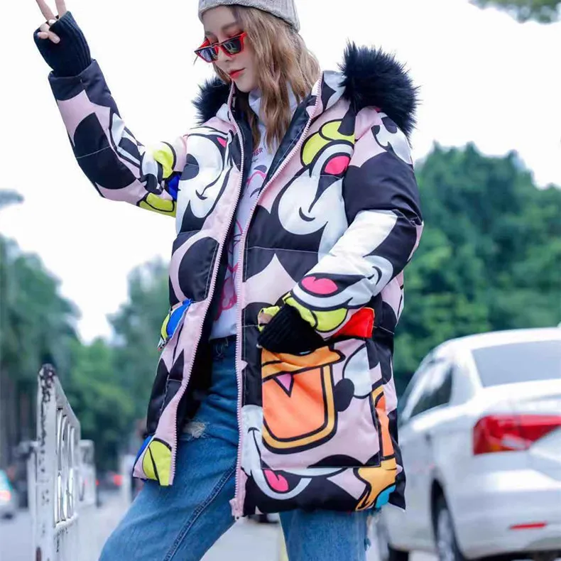 

2019 ladies cartoon down coat women's winter tide brand cartoon stitching hooded long section cotton jacket women