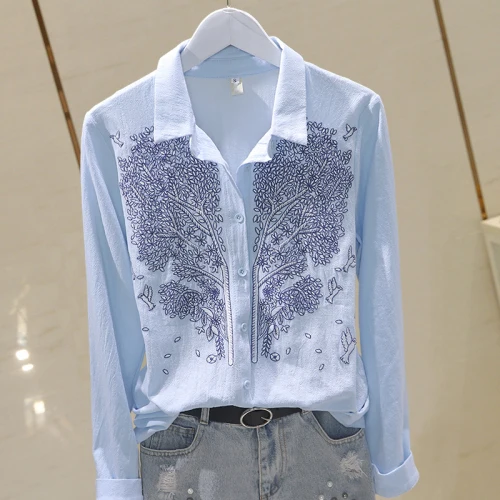blue Neploe, хлопок, лен, Blusas, Корейская, женская, элегантная, OL, блузка, Цветочная вышивка, длинный рукав, рубашка,, весна, лето, новинка, топы 57141 - Цвет: blue