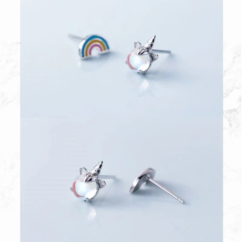 925 однотонные серьги-гвоздики из настоящего стерлингового серебра с асимметричным единорогом и радугой для маленьких девочек, милые ювелирные изделия Brincos