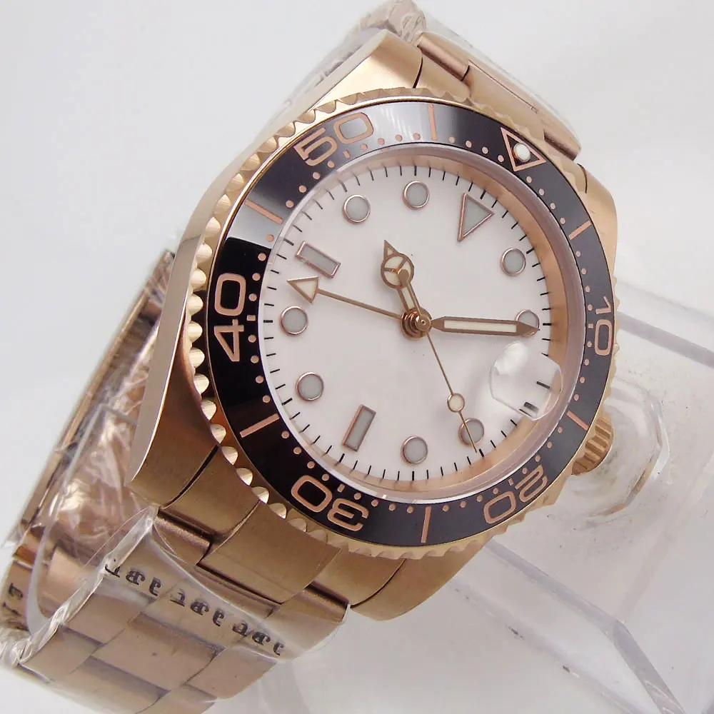 

Rose Gold 40mm Men Watch Nolog Dial GMT Automatic Movement Sapphire Glass Deployment Clasp Ceramic Bezel Date Window